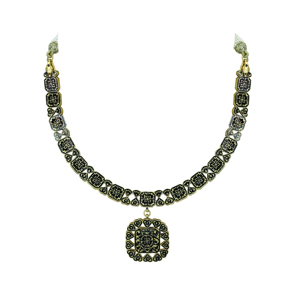 Polki Necklace with Black Enamel Squares and Central Pendant